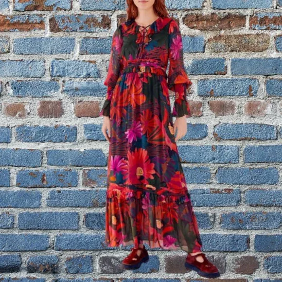 FARM Rio | Dresses | Nwt Farm Rio Bird Flowers Long Sleeve Dressxs |  Poshmark